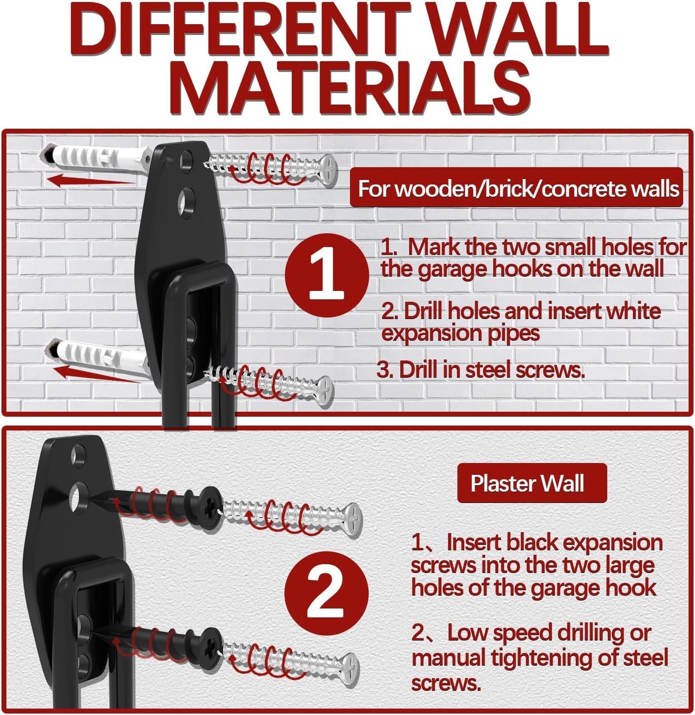 3-H Garage Wall Hooks 45 Pack, Garage Hooks Heavy Duty with Extra Welding Spots, Garage Organizer for Garden, Lawn, Chairs, Ladders, WeedEater, Shovel (Red)