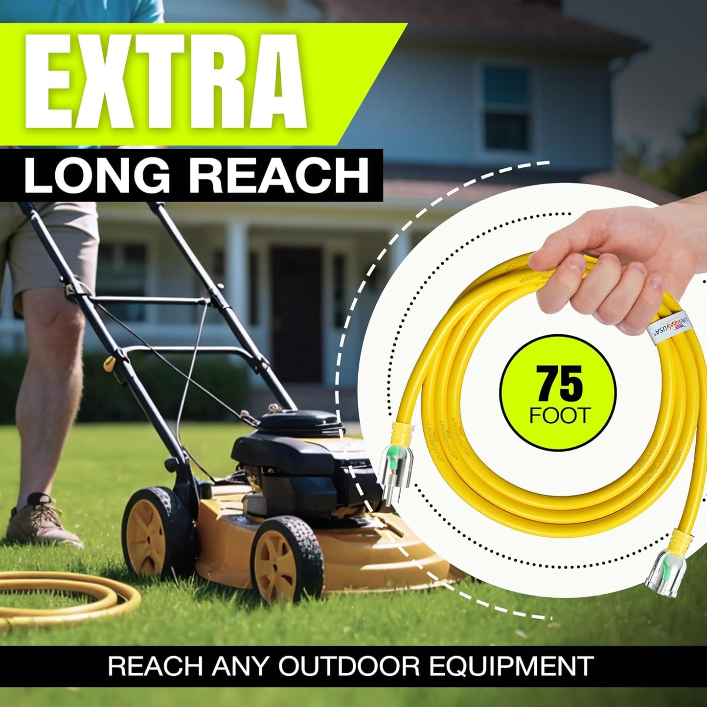 75ft Outdoor/Indoor Extension Cord 14/3 Gauge Heavy Duty 3 Prong SJTW, Waterproof, Flexible Cold-Resistant Long Power Cord,13A 125V 1625W, Yellow by LifeSupplyUSA