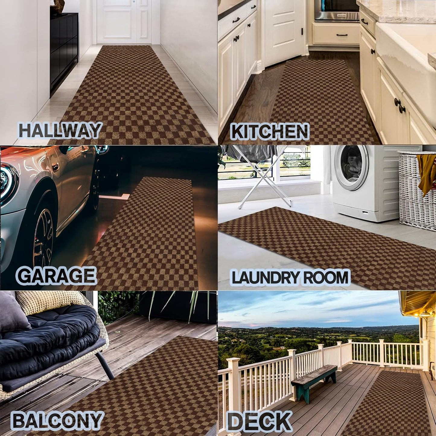 Custom Size Backed Non-Slip Area Rugs Runner, Easy Clean, Waterproof Runner Rugs for Hallway Entryway, Kitchen, Laundry, 3FT x 19FT, Brown Checkered