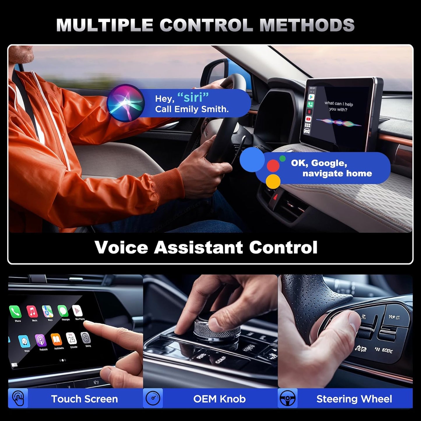3-in-1 Wireless CarPlay Adapter & Android Auto Wireless Adapter, Plug & Play, Easy Setup, Supports Netflix, YouTube, TF Card, and More for Cars with OEM Wired CarPlay/Android Auto
