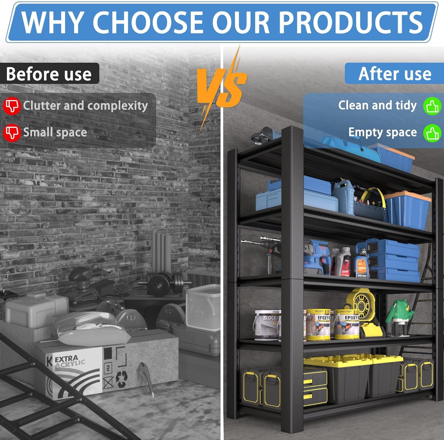 5-Tier Garage Shelving Heavy Duty, 3000 LBS Capacity Metal Storage Rack 76" H x 60" W x 24" D, Adjustable Shelves Unit for Garage, Warehouse, Basement, Pantry, Workshop.2 Pack