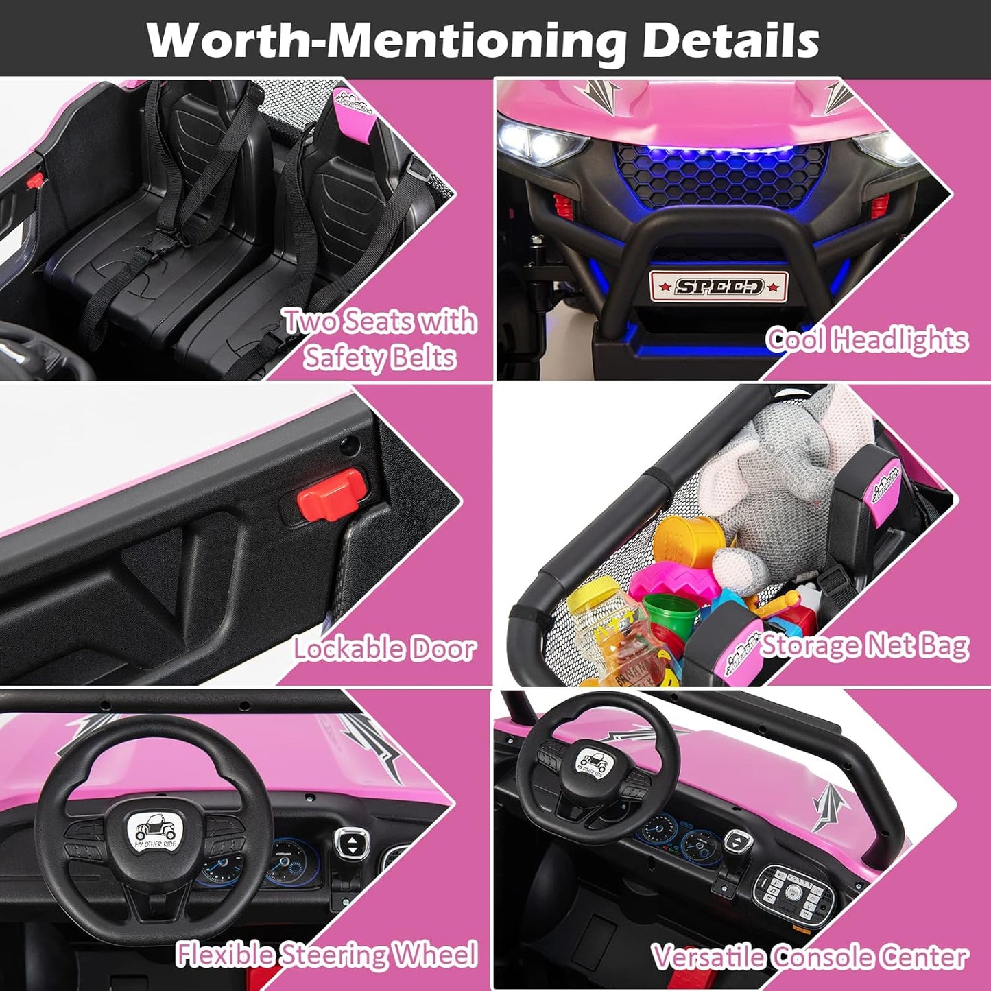 Costzon 2-Seater Ride on Car for Kids, 12V Kid' Electric Vehicles w/Remote Control, 4 Shock Absorbers, Wireless Music & FM, 3 Speeds, Ambiance Lights, Electric UTV, Kids Car for Boys Girls (Pink)