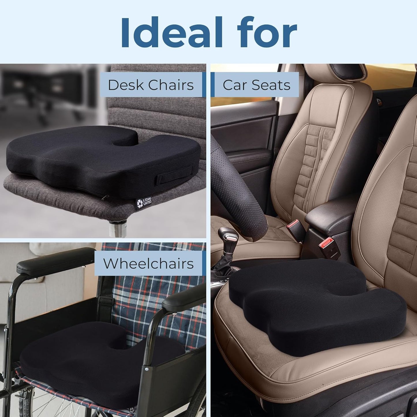5 STARS UNITED Seat Cushion for Tailbone Pain Relief โ Large Memory Foam Lifting Pillow for Coccyx, Hip, Sciatica & Post-Surgery Recovery โ Wheelchair, Car, Desk, Gaming & Office Chairs, Blue