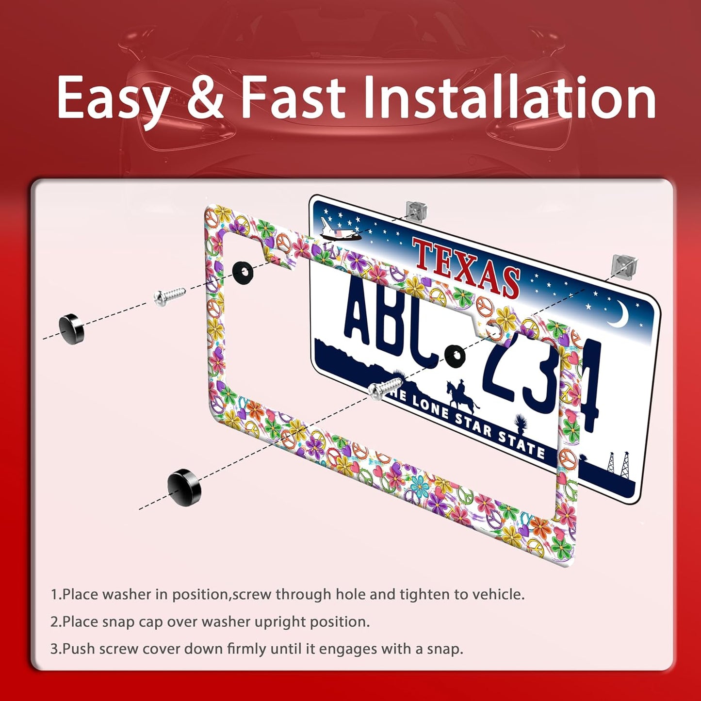 Peace Flower License Plate Frame Funny Colorful Floral License Plate Frames Stainless Steel Accessories Cars Decor With 2 Holes And Screws Fits Standard Us Ca Vehicles License Plate Holder 12.2 X 6 In