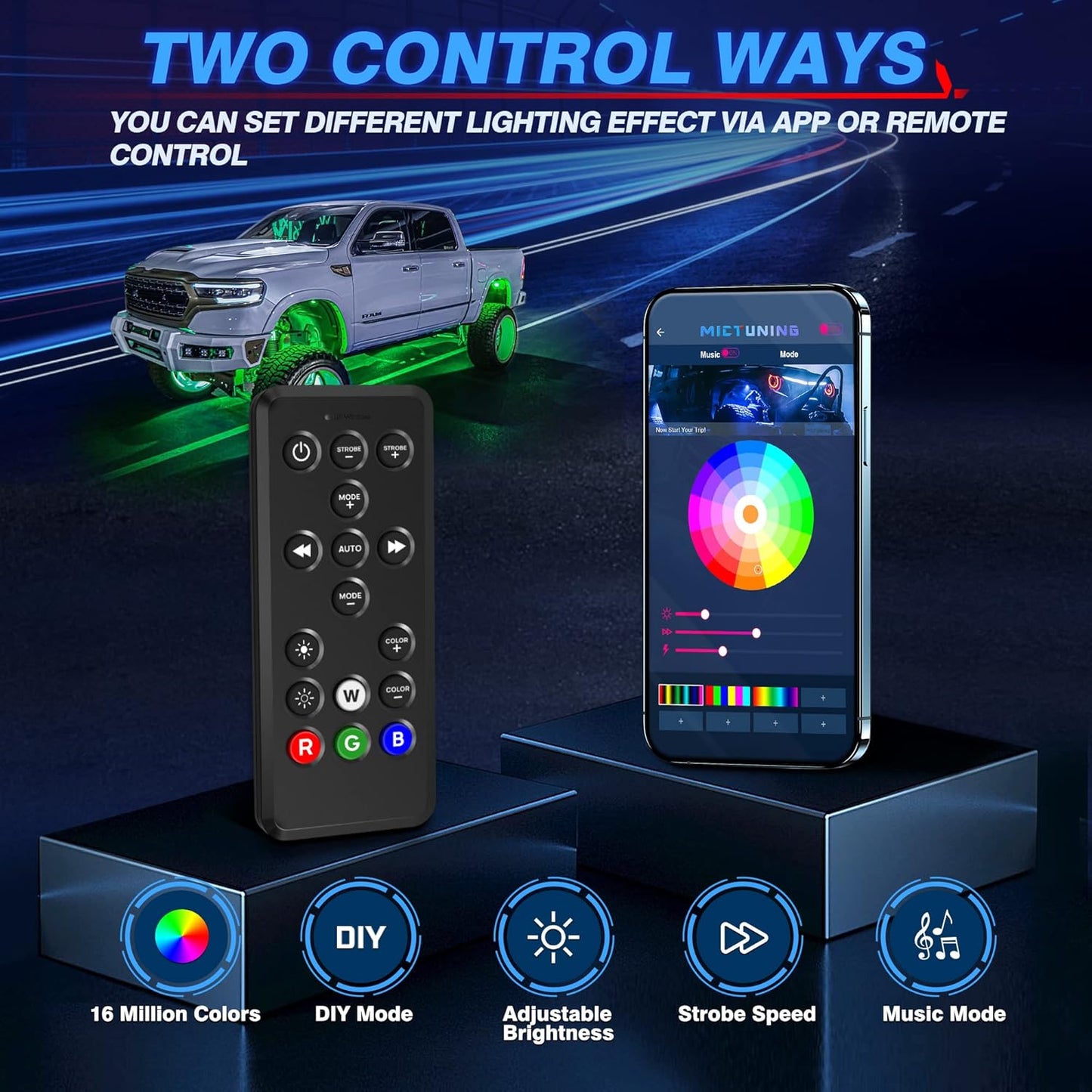 MICTUNING Q1 RGBW Rock Lights, 16 Pods Pure Color Underglow Neon Multicolor Lighting with Wiring Switch Kit, Bluetooth Controller, Remote Control, Music Mode for Trucks Car ATV UTV Golf Cart