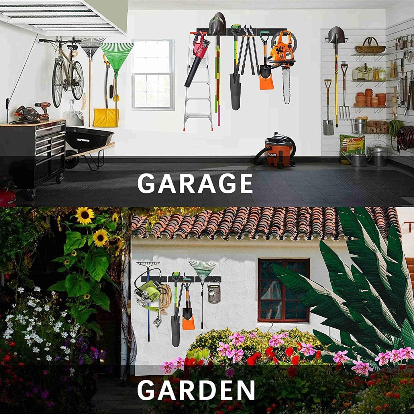 Tool Storage Rack, 48 Inch Heavy Duty Garage Wall Organzier, 13Pcs Adjustable Garden Tool Organizer for Garage Storage Organization Yard Shed Tool Organizer