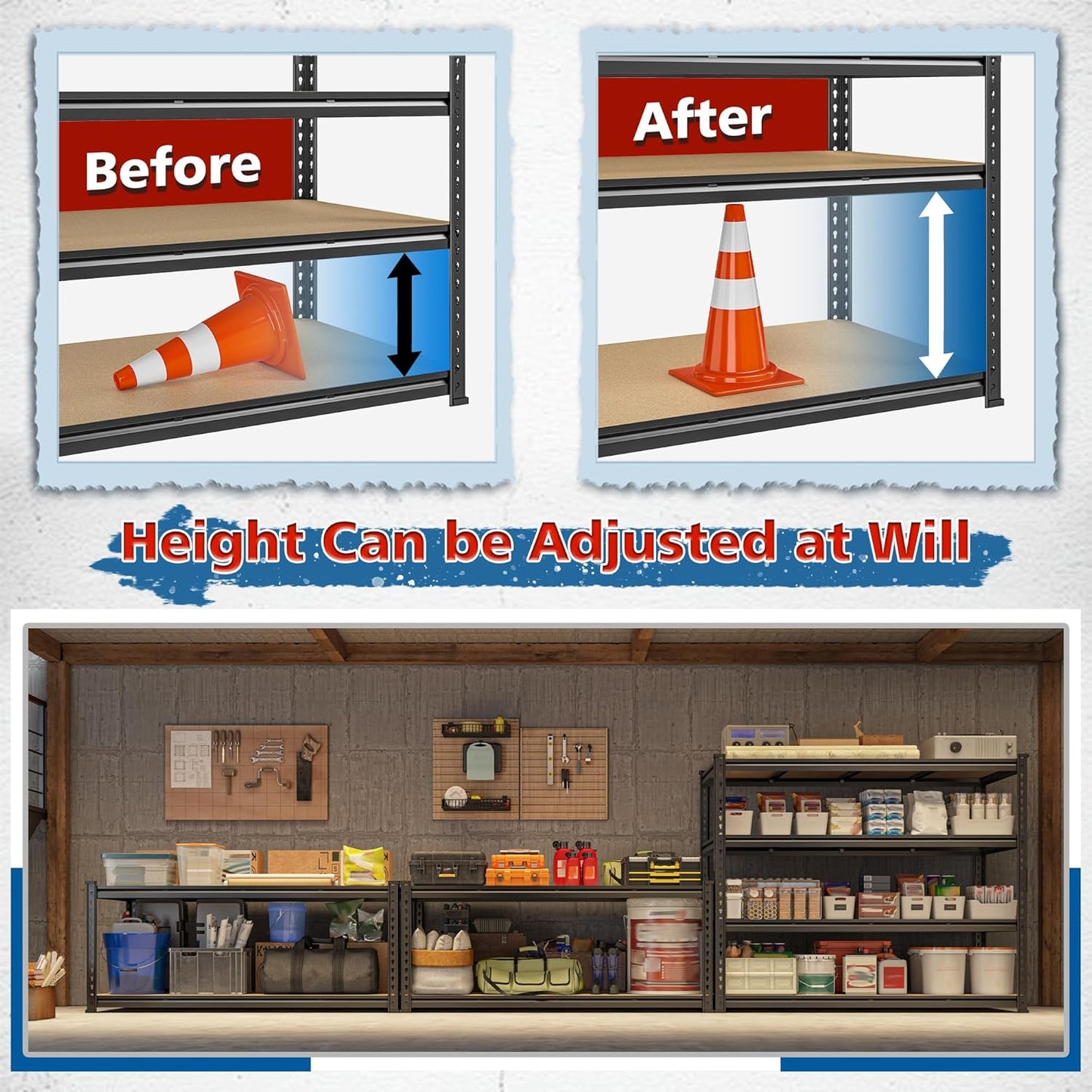 55" W Storage Shelves, 2040LBS Garage Shelving Heavy Duty, 4-Tier Heavy Duty Shelving, Adjustable Metal Shelving Unit for Garage, Warehouse, Pantry, Kitchen, 55" W × 24" D × 60" H, Black