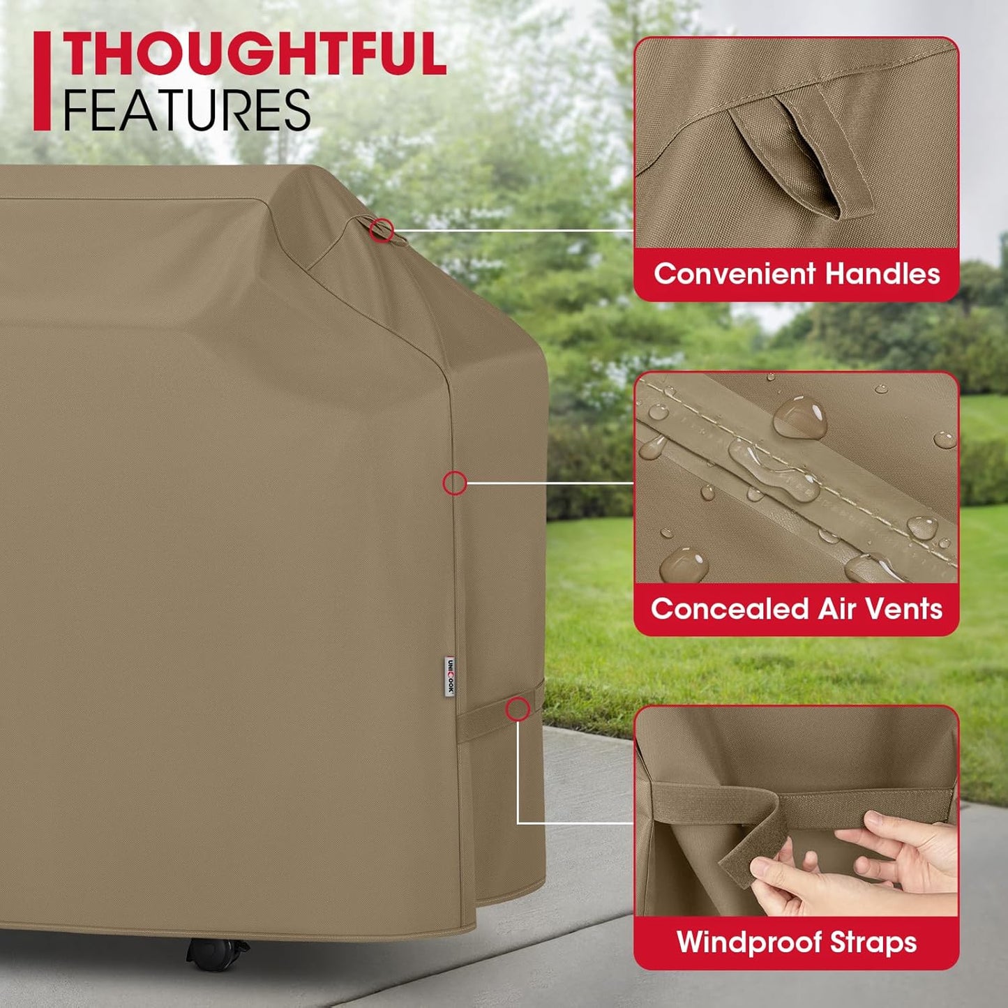 Unicook 50 Inch Grill Cover for Outdoor Grill, Gas BBQ Cover with Sealed Seam for Weber Charbroil Nexgrill etc, Heavy Duty Waterproof Fade Resistant, Neutral Taupe