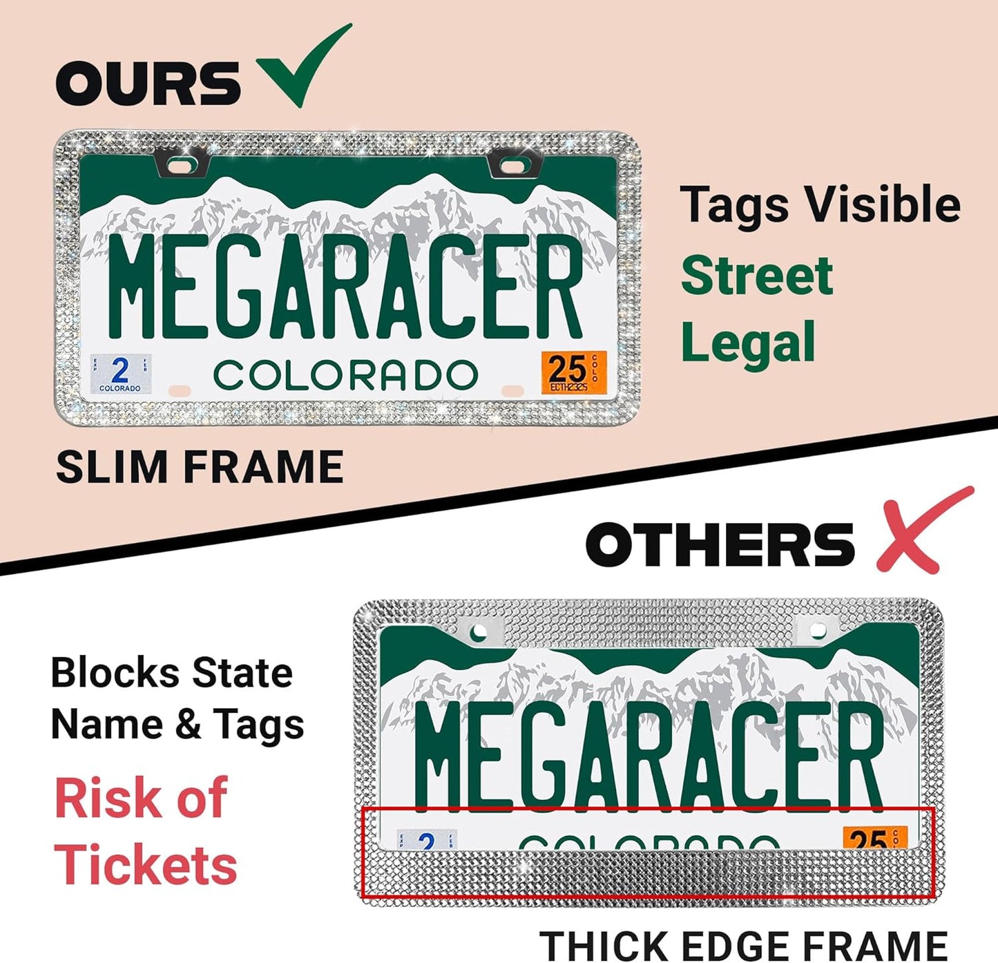 Sparkly Bling License Plate Frame for Women - 1 Pack, 800 Premium Rhinestones, Rust-Free Stainless Steel, Street Legal & Slim Design, Girly Bedazzled Diamond Car Tag Holder with Glitter Crystal Covers