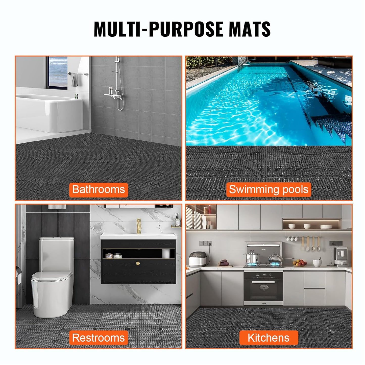 VEVOR Interlocking Tile 50PCS Black, Drainage Tiles 12" x 12" Splicing, Soft PVC Interlocking Drainage Floor Tiles, Non-Slip Drainage Holes for Restroom, Bathroom, Kitchen, Pool, Wet Areas