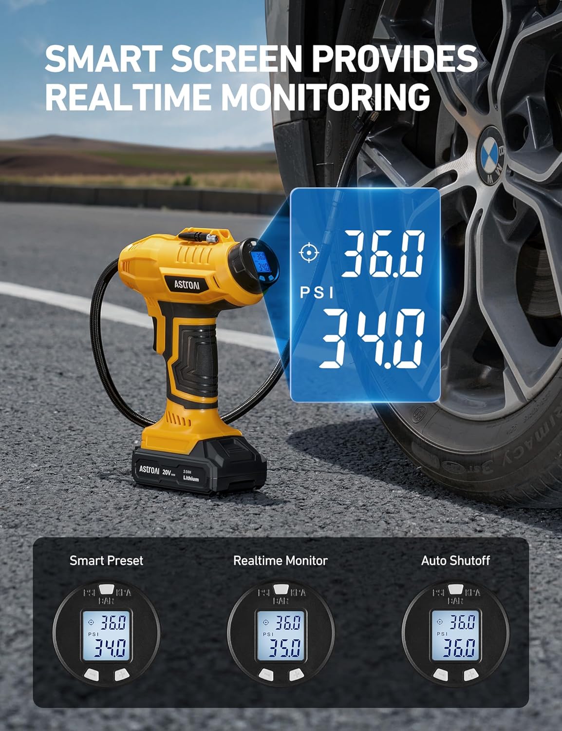 AstroAI Cordless Tire Inflator Air Compressor 20V Rechargeable Battery Powered 160PSI Portable Air Pump with 12V Car Power Adapter Digital Pressure Gauge for Cars Motorcycles JY16P160-18(C2)Yellow