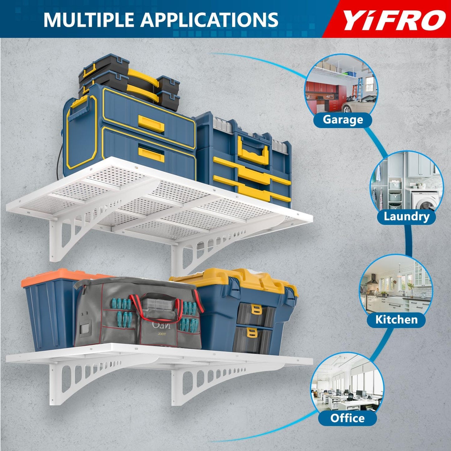 4-Pack 2x3ft Heavy Duty Garag e Wall Shelving, 1000 lbs Load Capacity, Garage Shelving Wall Mounted, Garage Storage Rack with Hooks, White