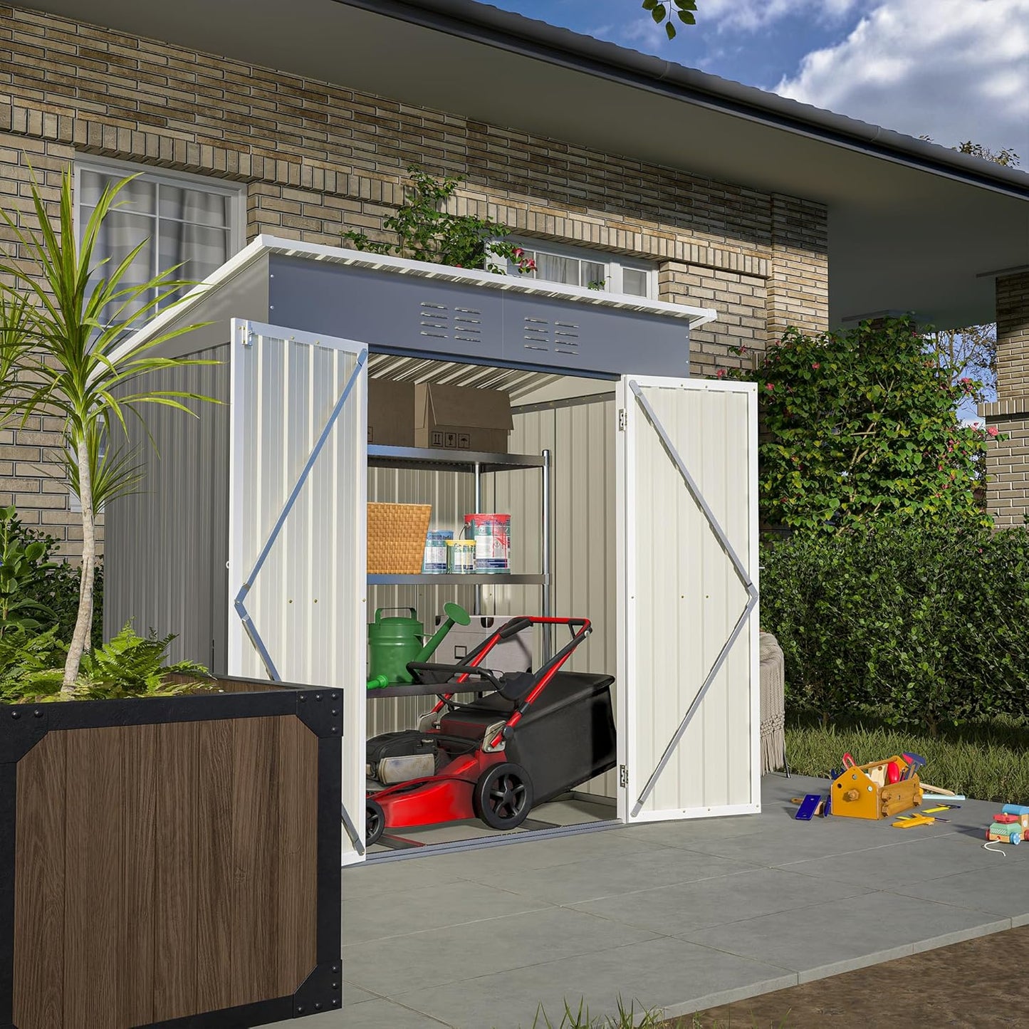 Outdoor Storage Shed,6X4 FT Metal Garden Shed with Lockable Doors & Slooping Roof,Updated Reinforced Door,Tool/Bike Sheds for Backyard, Patio, Poolside,Garage