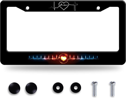 Jesus Heart Rate line License Plate Frame Christian Religious License Plate Frames Stainless Steel Accessories Cars Decor with 2 Holes and Screws Fits Standard US CA Vehicles Size 12.2 x 6 Inches