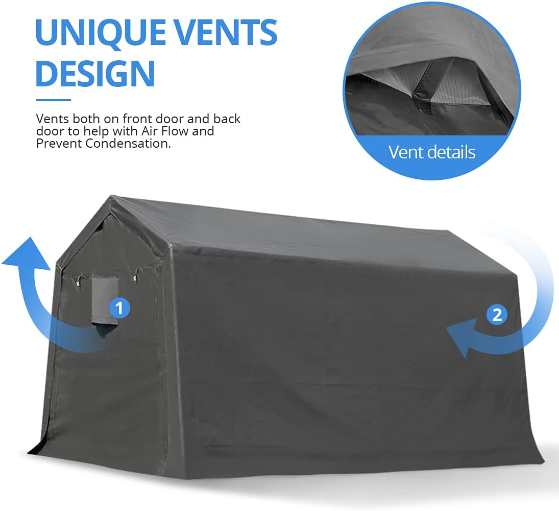 ADVANCE OUTDOOR 8x14 ft Steel Metal Peak Roof Portable Garage Shelter Storage Shed Carport for Motorcycle, Bike or Garden Tools with 2 Roll up Doors & Vents, Gray