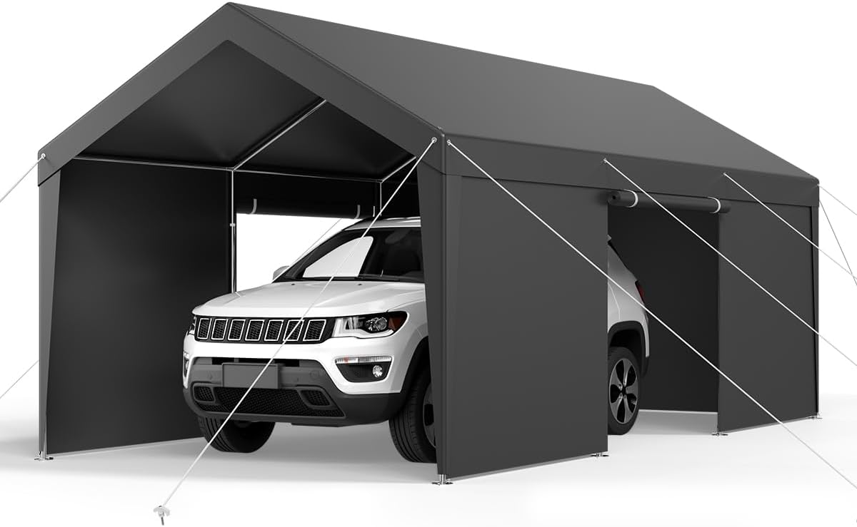 VEVOR Upgraded 10x20 FT Heavy Duty Carport Canopy with Roll-up Windows, All-Season Portable Garage with Removable Sidewalls & Doors, 12 Stakes & 12 Ropes, Car Tent for Car, Truck, Boat, Equipment
