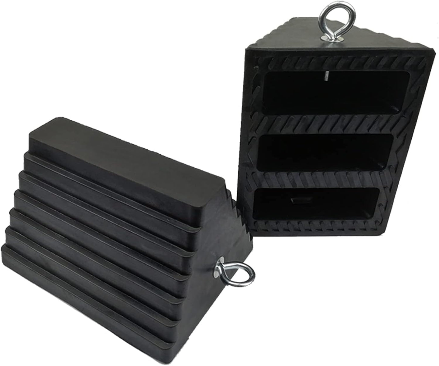 ROBLOCK 2 Pack Wheel Chocks Rubber Heavy Duty Black with Eyebolt, 9" Length x 7.1" Width x 5.5" Height, for Cars, RVs, Trucks, Trailers, and Vehicles, Anti-Slip Design Tire Chock for All Weather Use