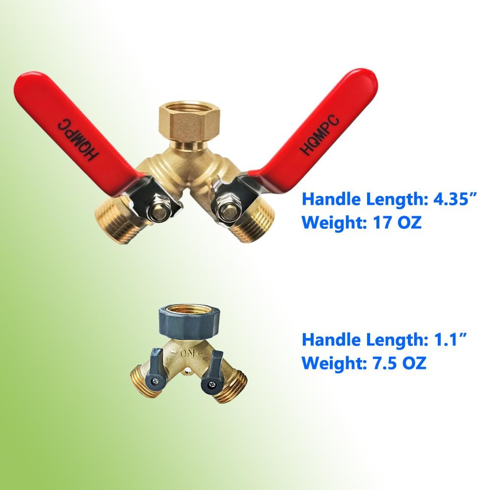 HQMPC Garden Hose Y Valve Hose Splitter Brass Hose Splitter With Stainless Steel Long Handle Brass Y Valve Water Garden Hose Adapter 2 Way Y Valve 3/4" GHT Thread