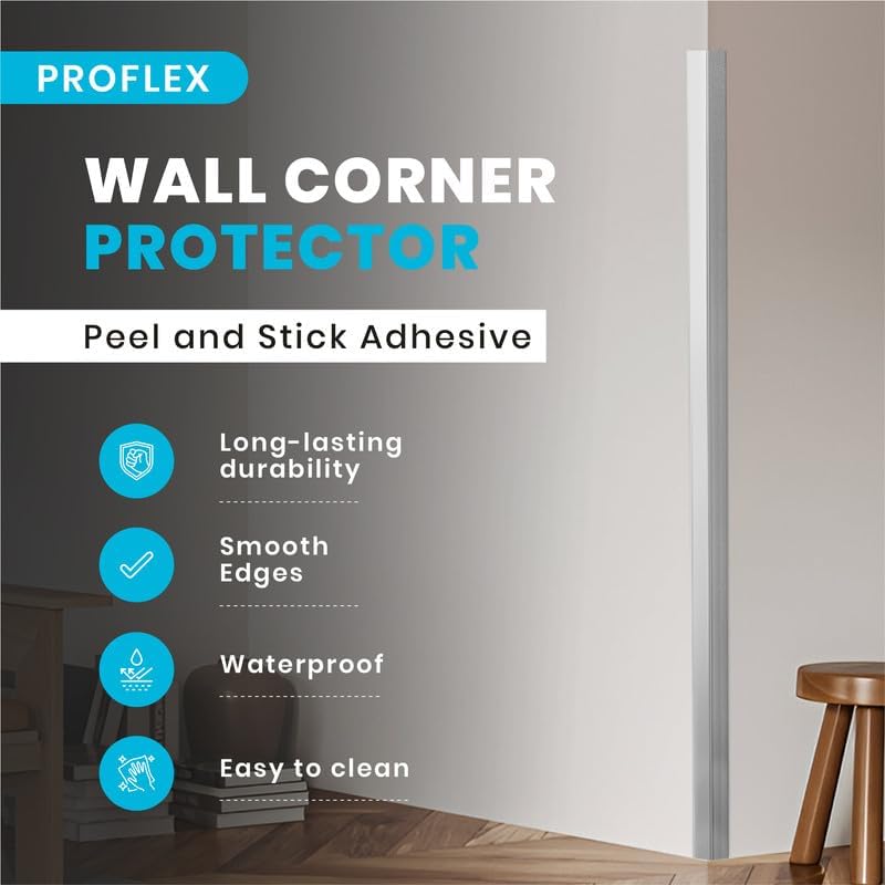 Proflex Wall Corner Protector - Pack of 6 Self Adhesive Corner Guards for Walls Edge Protection - 1 inch x 48 inch, Brushed Aluminum – Easy to Apply – No Tools Needed