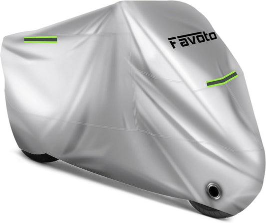 Favoto Motorcycle Cover Waterproof Outoor - Universal Heavy Duty Oxford Fabric with Lock-Hole 3 Night Reflectors Windproof Buckles Storage Bag Rain Dust Sun Protection Silver, 86.6 inch
