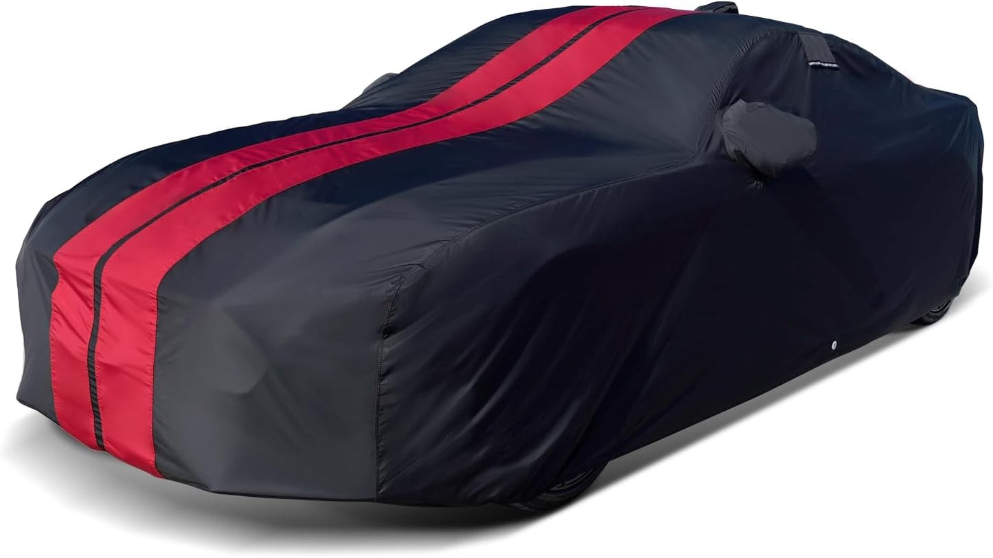 iCarCover Custom Car Cover for Pontiac Sunbird 2-Door (1988-1994) Waterproof All-Weather Rain Snow UV Sun Protector Full Exterior Indoor Outdoor Car Cover (Stripe - Black/Red)