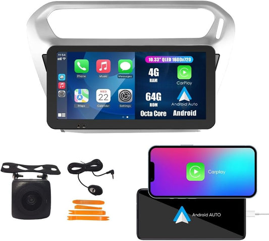 Kunfine Car CarPlay Android Auto Navigation Stereo GPS Radio Reverse Camera Display 10.33" QLED Touchscreen Headunit Tablet Pad Media Player For Peugeot 301 13-22 if Applicable Octa Core 4G+64G Silver