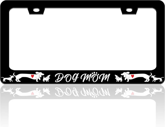 Dog Mom License Plate Frame Cute Animal License Plate Holder for Front or Rear Car Tags Stainless Steel Funny Car Decoration with Screws 6.3 X 12.2 in
