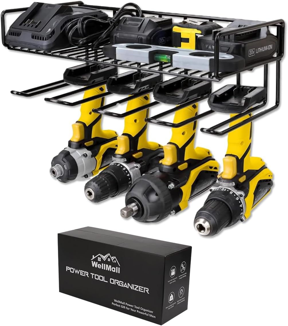 Heavy Duty Tool Organizer, 16"W x 7.48"H x 5.51"D, 4 Wall Mount Anchors, 3.95" Between Slots, Sturdy Steel Construction, Ideal for Power Tools