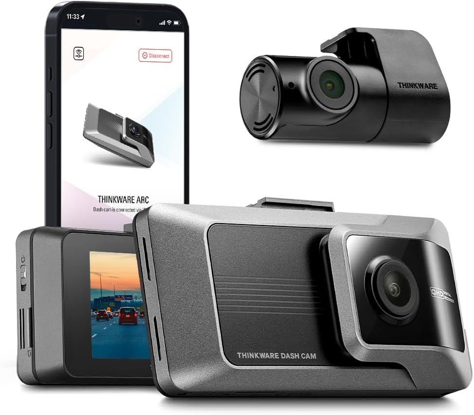 THINKWARE ARC Dash Cam with Smart Driving Alert System, 3X Energy Saving, 1440P+1440P Front and Rear, Wi-Fi, Super Night Vision, 24/7 Parking Mode (Free 32GB Card, Hardwiring, 12V Cable, GPS)