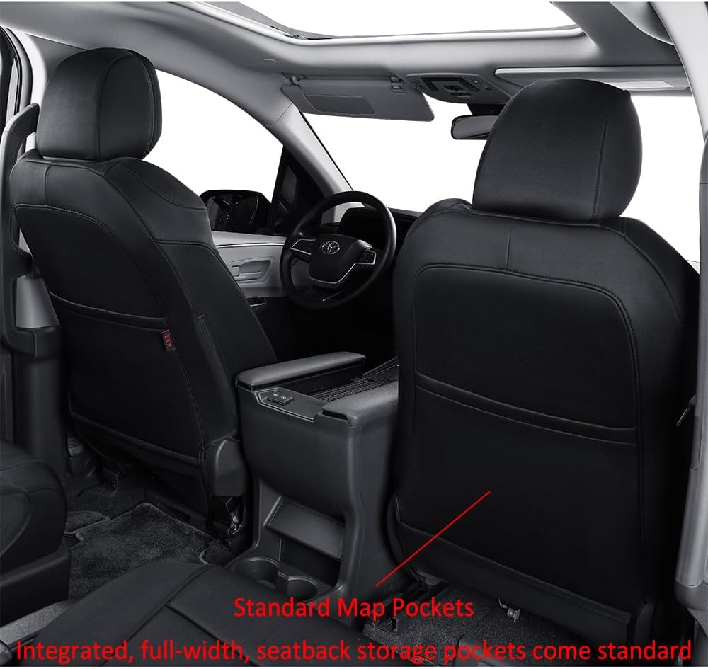 EKR Sienna Seat Covers for 2021-2025 Toyota Sienna XLE,XSE,Limited,Platinum,7 Seats,2nd Row Captain Chairs W/NO Legrest,Waterproof Seat Covers Full Set for Cars,Car Seat Protectors-Neoprene(Black)