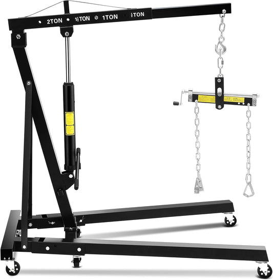 2 Ton Hydraulic Engine Hoist with Lever Stabilizer , Cherry Picker Engine Hoist, 4400LBS Heavy Duty Garage Crane with 6 Swivel Casters & Adjustable Telescopic Boom, for Auto Repair & Workshop (Black)