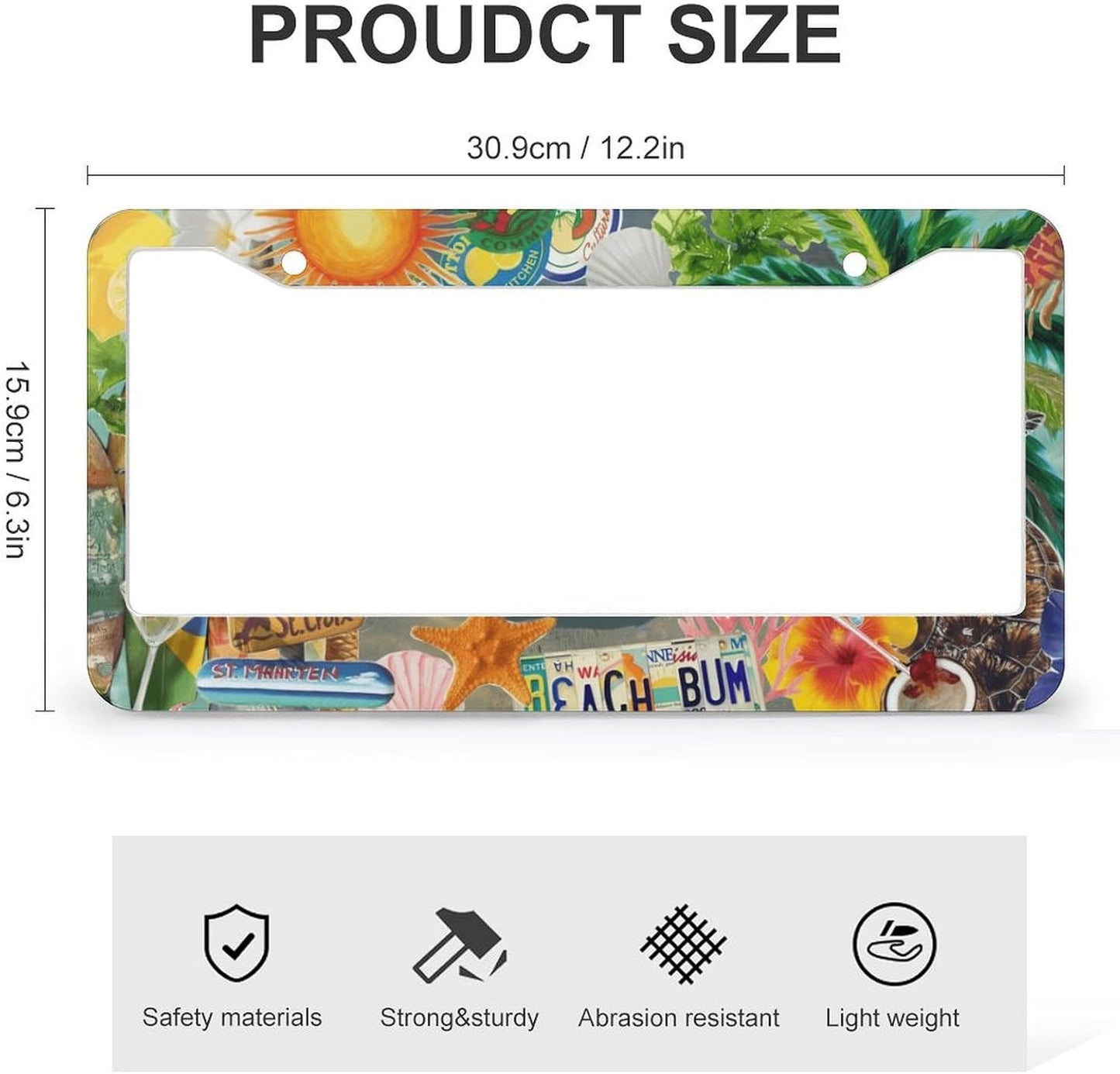 Summer Beach License Plate Frames - 2 Pcs Set 2 Holes Metal Aluminum Auto Car Accessories Decoration License Plate Frame 12.2 x 6.3 inch for Women Men Gift