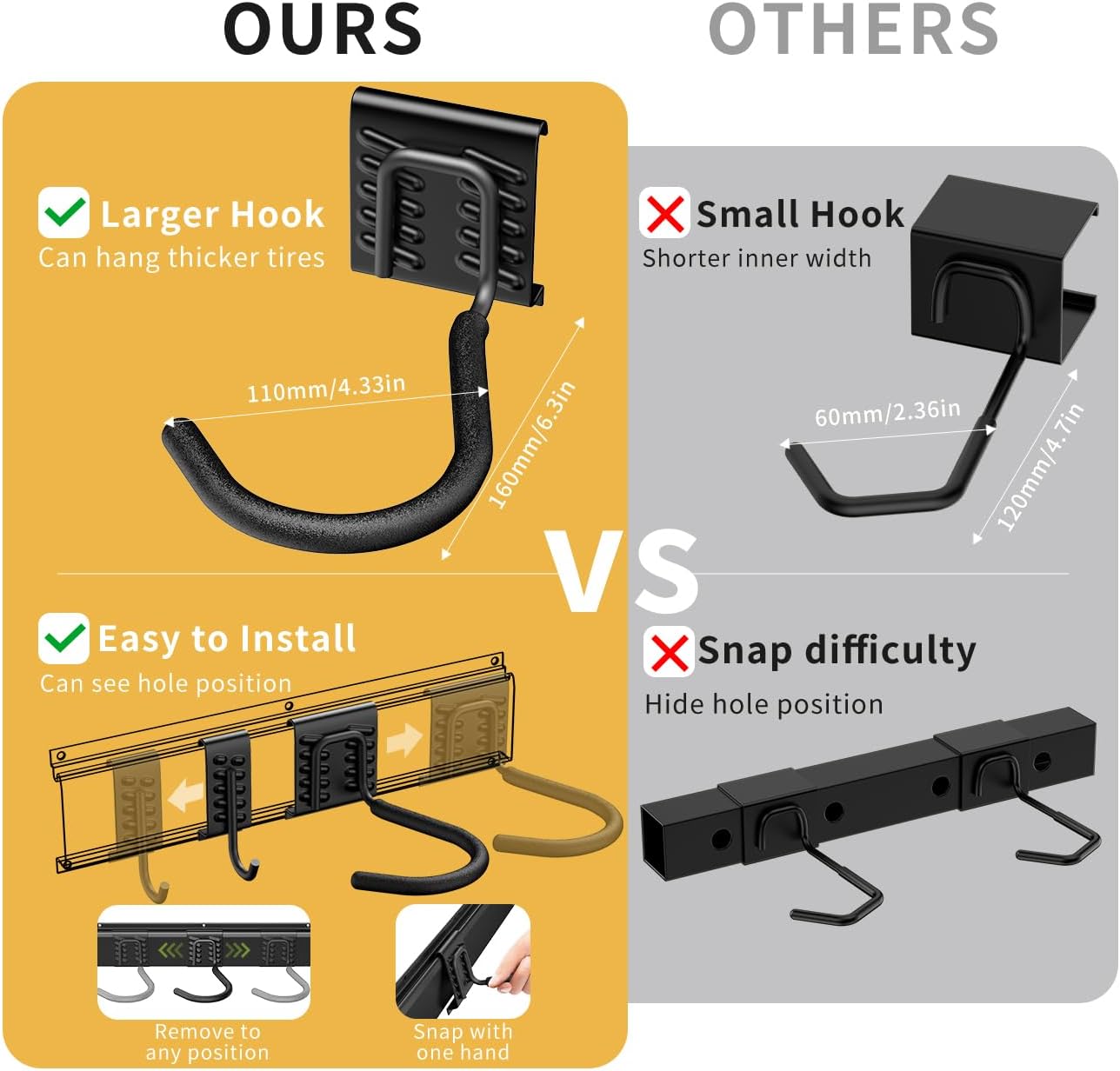 Bike Storage Rack 64Inch for 6 Bikes + 5 Helmets, Up to 500lbs, Heavy Duty Bike Hangers for Garage, Bike Hooks for Garage, Solid Steel Bicycle Storage, Bike Wall Mount, New Black