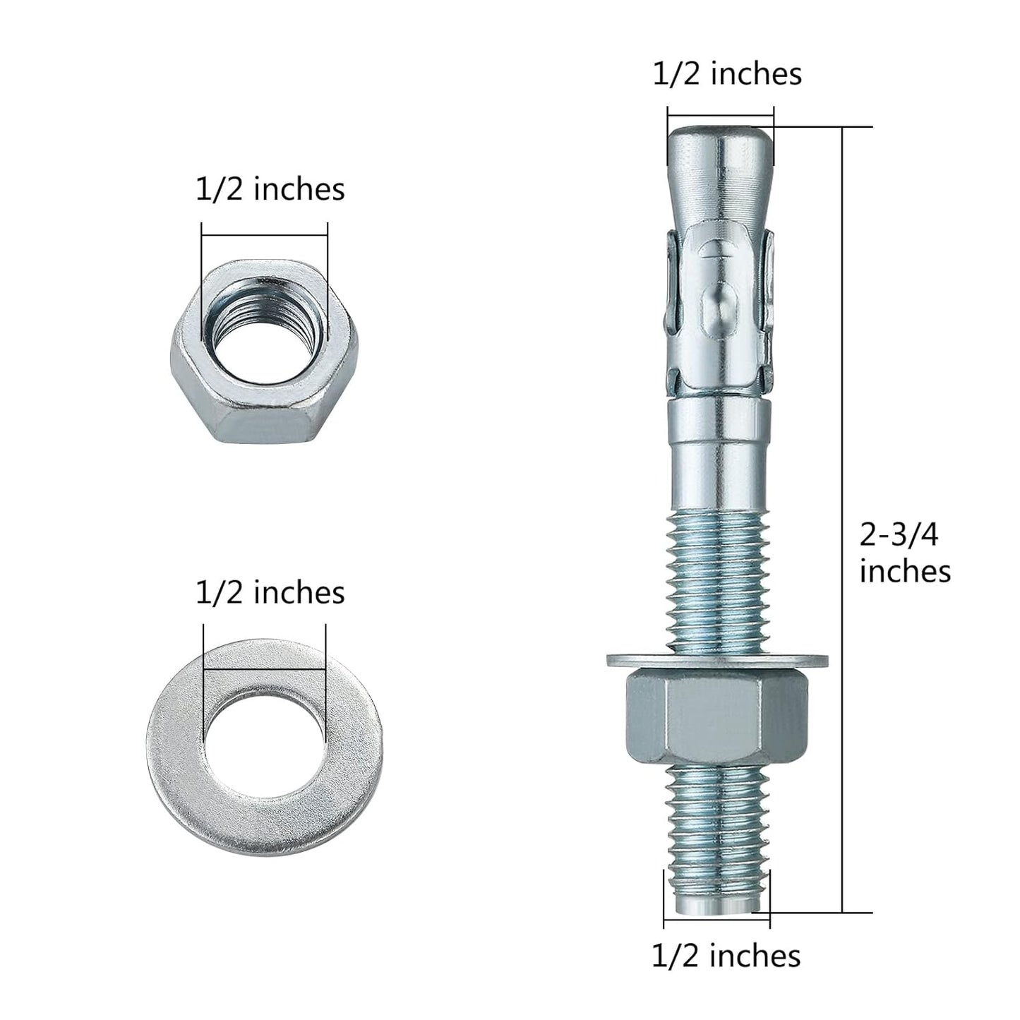 1/2x2-3/4 30Pcs Inch Standard Fasteners for Heavy-Duty Zinc Wedge Anchors for Cement and Concrete