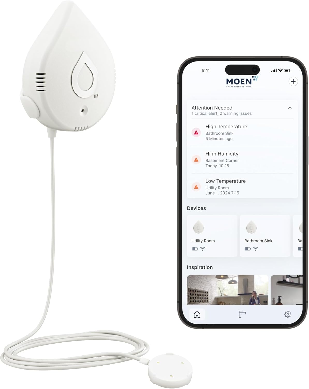 Moen Flo Smart Water Leak Detector, Drip or Flood Sensor Alarm for Home, 1-Pack, White, 920-004