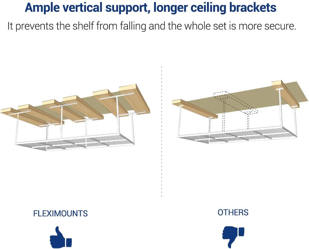 FLEXIMOUNTS 2-Piece Overhead Garage Storage Rack Set w/Hooks Adjustable Ceiling Storage Rack, 96" Length x 48" Width x 40" Height, 2 pcs, White