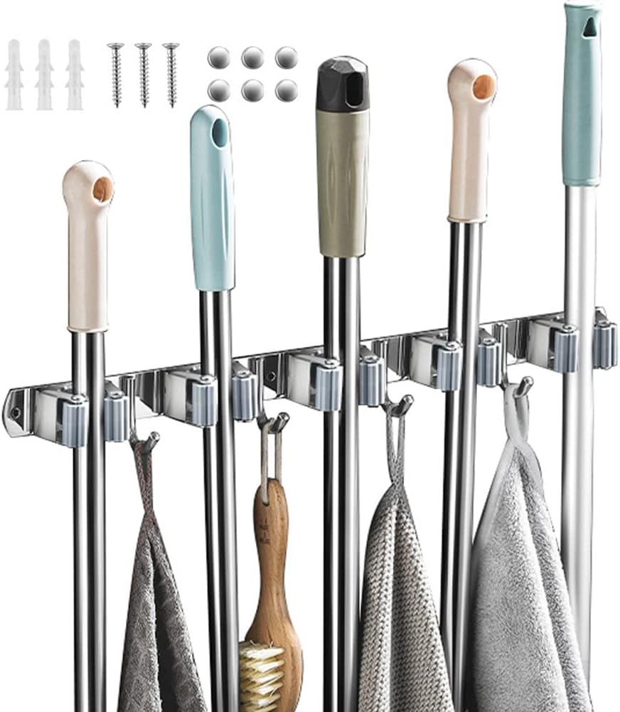 Mop and Broom Holder, 4 Positions 5 Hooks Heavy Duty Mop Hanger Wall Mounted Stainless Steel Organizer for Home Laundry Bathroom, Garage Storage Systems Utility Tools Rack