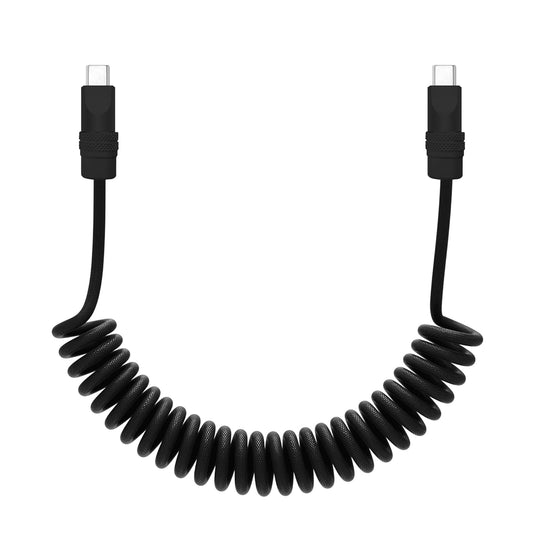 chubbycable Curly Chubby - Retractable Fast Charging Cable 240W Coiled Charger Cord for Car Durable USB-C Cable for Phones, Tablets and More, Black+Black, Type-C to Type-C, 1.3FT-2.3FT