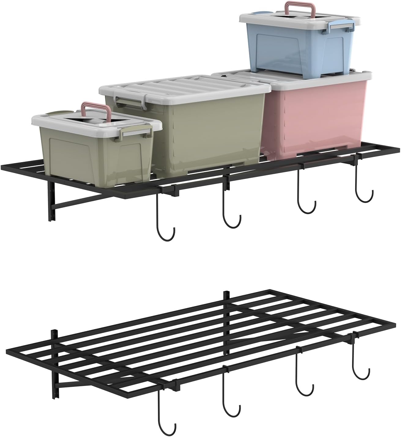 PEKGRIL Garage Wall Shelving Set of 2, 2X4 ft, Black, Contemporary Style, Heavy Duty, 2 Shelves, 8 Hooks, 260 lbs Capacity Each, Wall-Mounted, Metal, Alloy Steel, 2 Count