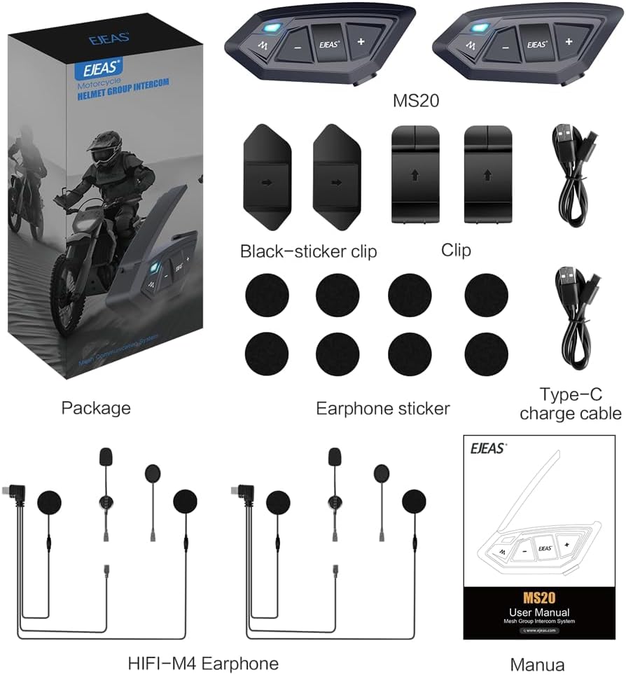 Motorcycle Bluetooth intercom MS20 2000m Helmet Intercom,20 Riders Motorcycle Bluetooth Headset,Universal Bluetooth Helmet Headset,Helmet Communication System FM/Hard &Soft Mic/2Pack