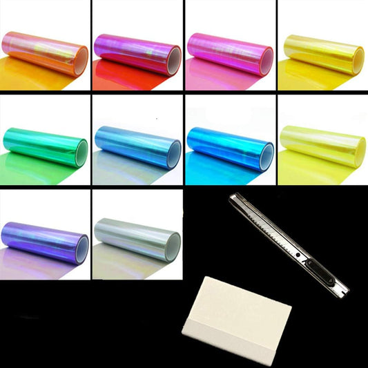 LED LIGHT 12 by 48 inches Self Adhesive Shiny Chameleon Headlights Tail Lights Fog Lights Films,Film Sheet Sticker,Tint Vinyl Film with Gift Knife and Hand Tool (Clear)