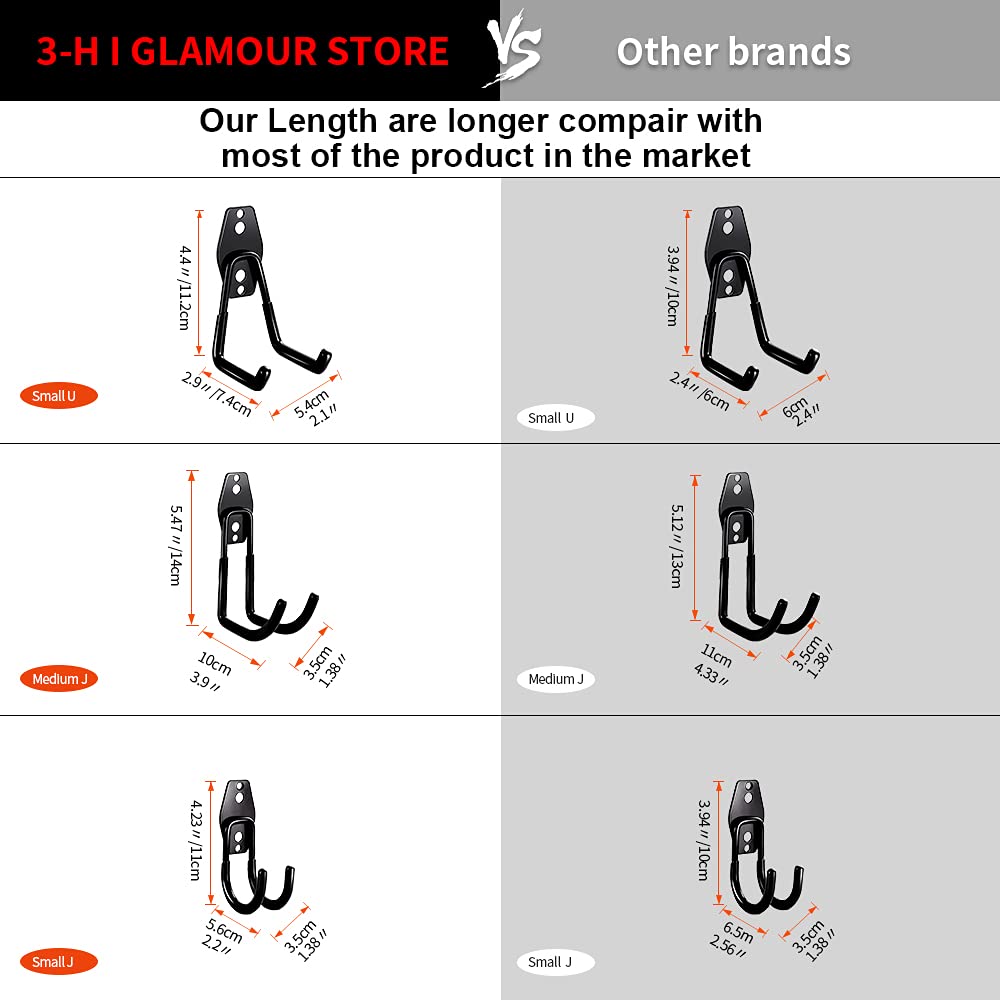 3-H Garage Wall Hooks 10 Pack, Heavy Duty Garage Hooks with Extra Welding Spots, Wall Mount Storage Organizer for Hanging Garden Lawn Tools, Chair, Shovel, Blower, Toolkit (Black)