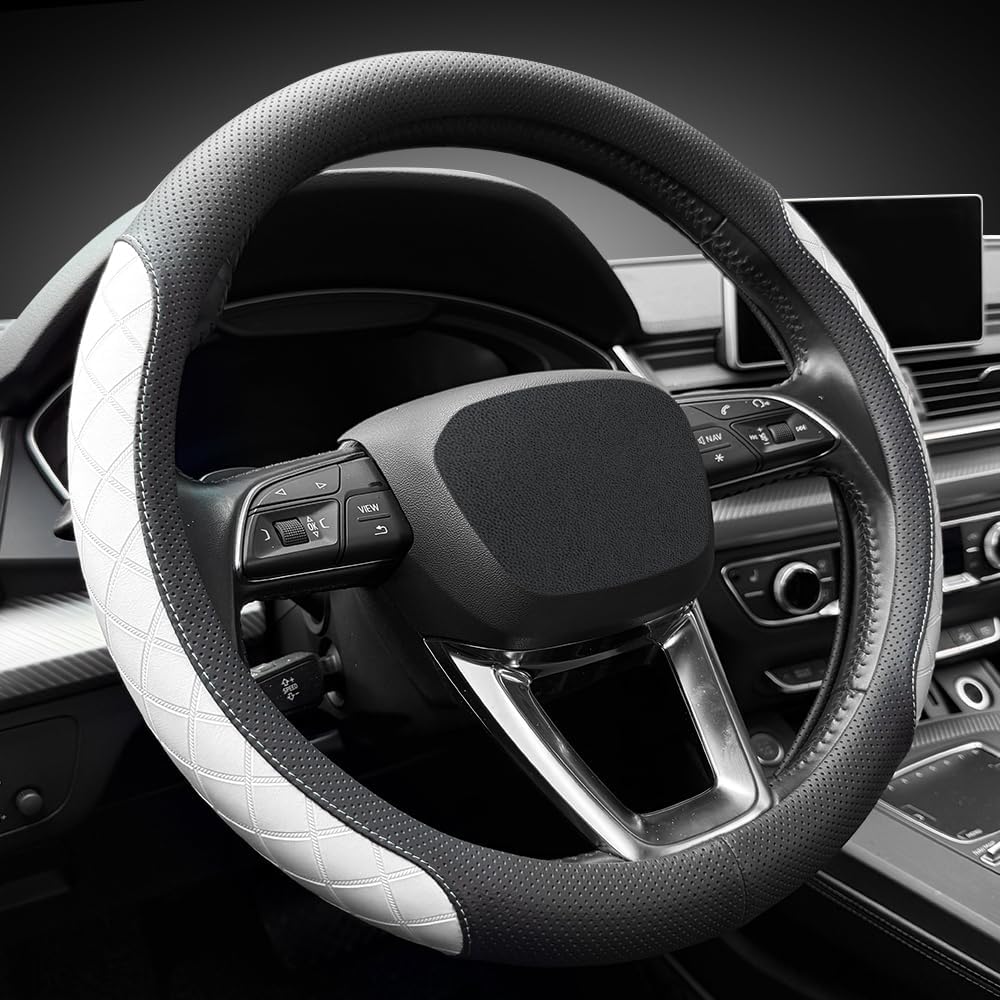LKWLIKEI Nappa Leather Steering Wheel Cover, Elegant Diamond Checkered Design, Non-Slip wear-Resistant, Enhance Driving Comfort, Suitable for Steering Wheel Diameter 14 1/2‘-15’ Models.Black White