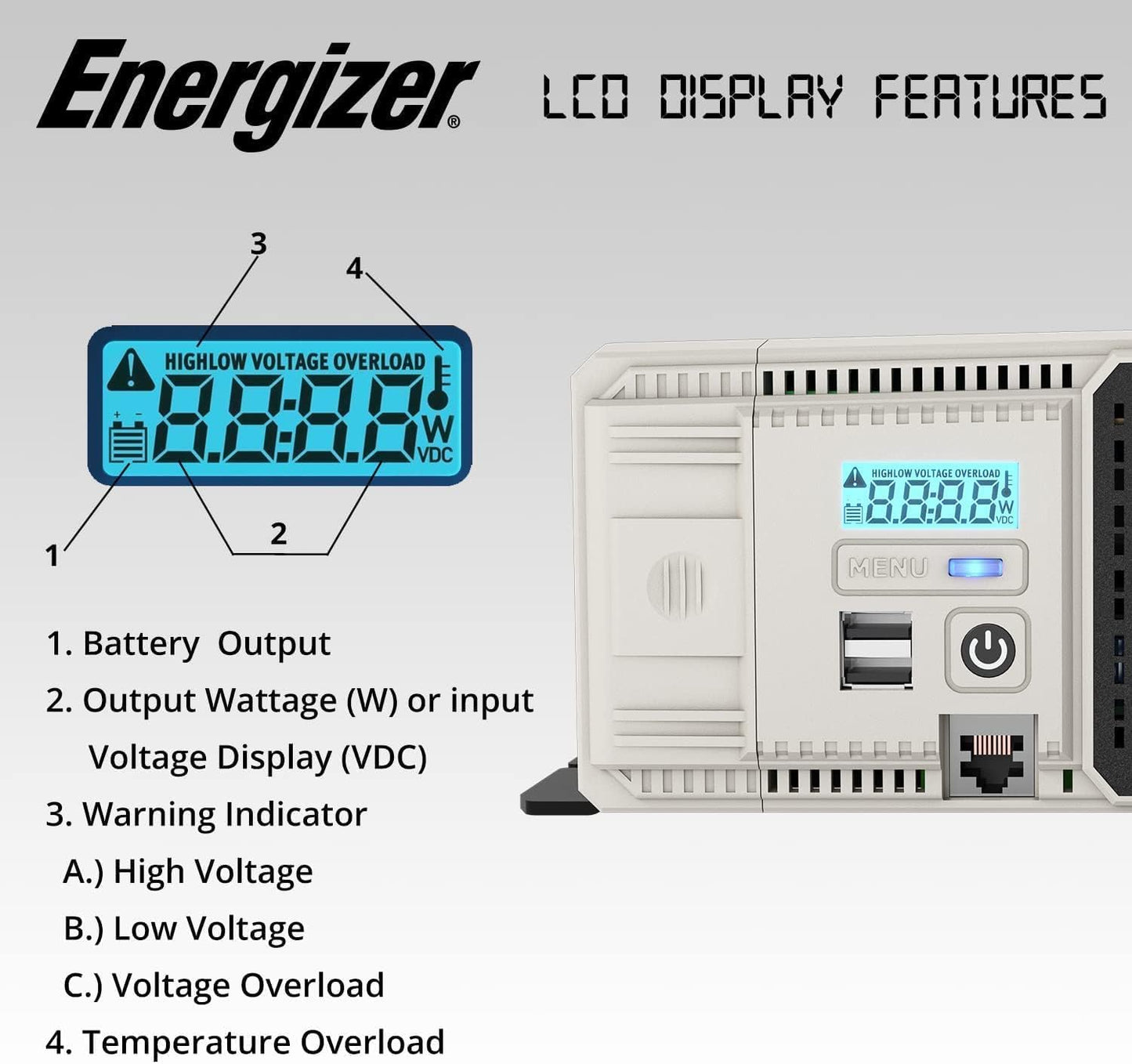 Energizer 1100 Watt 12V to 110v Pure Sine Wave Inverter Dual AC Outlets & USB, Installation Kit Included, Automotive Power for Tools, Camping Essentials & Car Accessories - ETL Approved UL STD 458