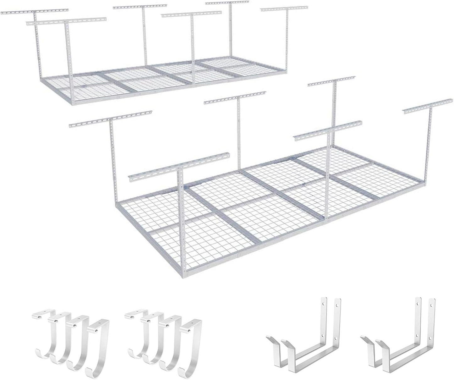 FLEXIMOUNTS 2-Piece Overhead Garage Storage Rack Set w/Hooks Adjustable Ceiling Storage Rack, 96" Length x 48" Width x 40" Height, 2 pcs, White