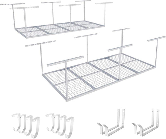 FLEXIMOUNTS 2-Piece Overhead Garage Storage Rack Set w/Hooks Adjustable Ceiling Storage Rack, 96" Length x 48" Width x 40" Height, 2 pcs, White