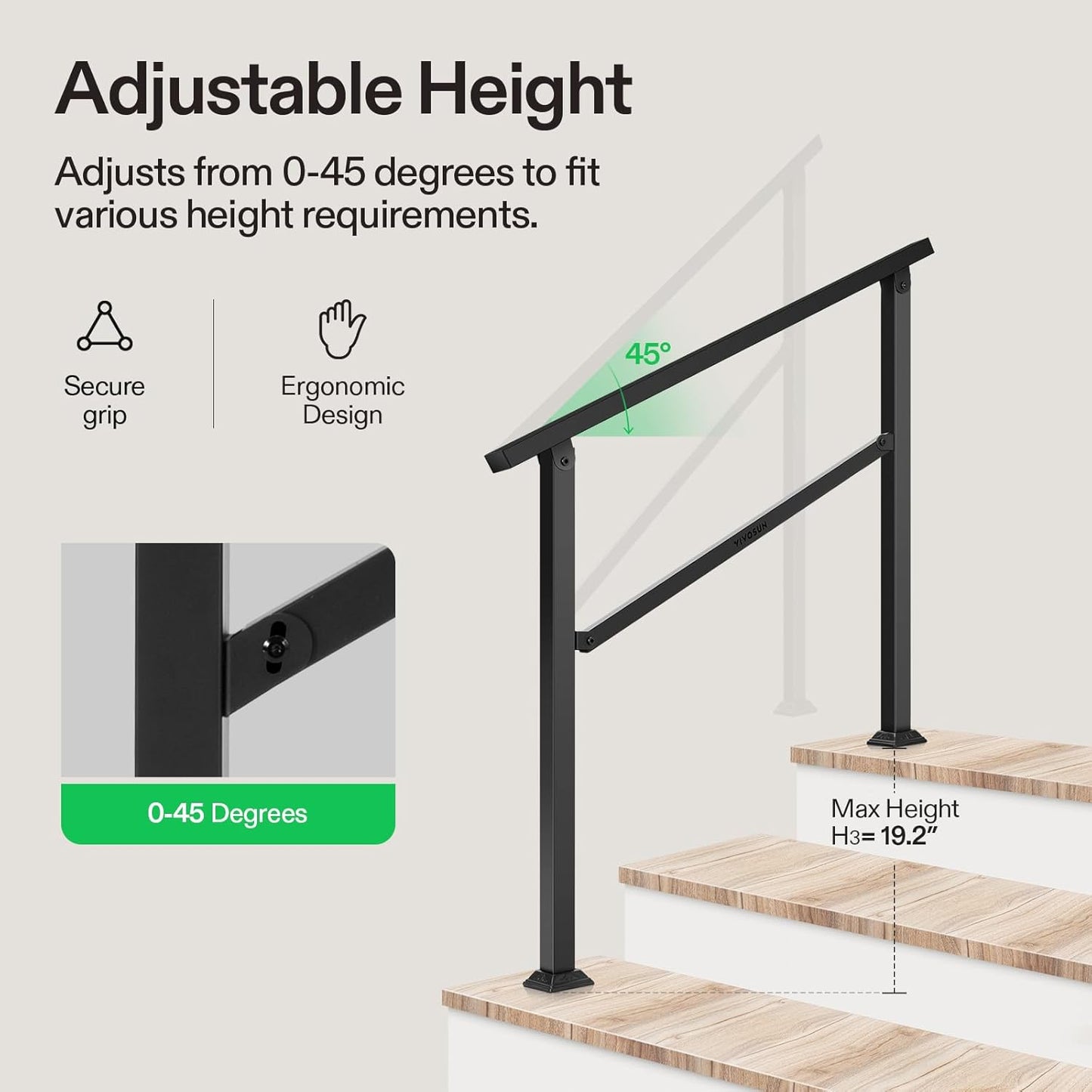 VIVOSUN Outdoor Handrail, 3 Step Stair Handrail, 40" x 36" Fits 1 to 3 Steps, Wrought Mattle Iron Handrail for Concrete Steps, Porch Steps, One-Step Assembly, Black