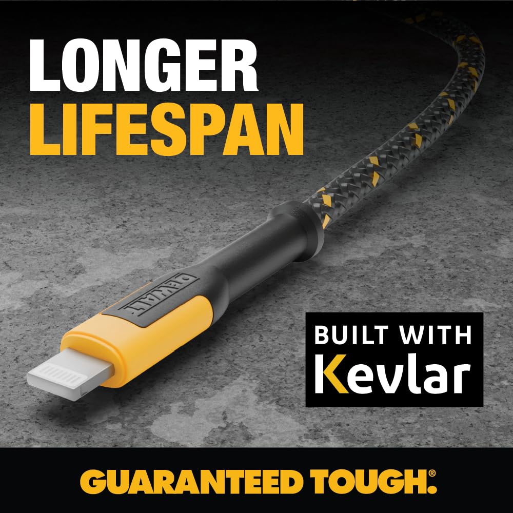 DEWALT Heavy Duty USB to Lightning Cable [Apple MFi Certified] Durable iPhone Charger, Lightning Cables, Fast Charging iPhone Charger Cord Compatible w/iPhones 14/13/12/11 Pro Max iPad AirPods, 10FT