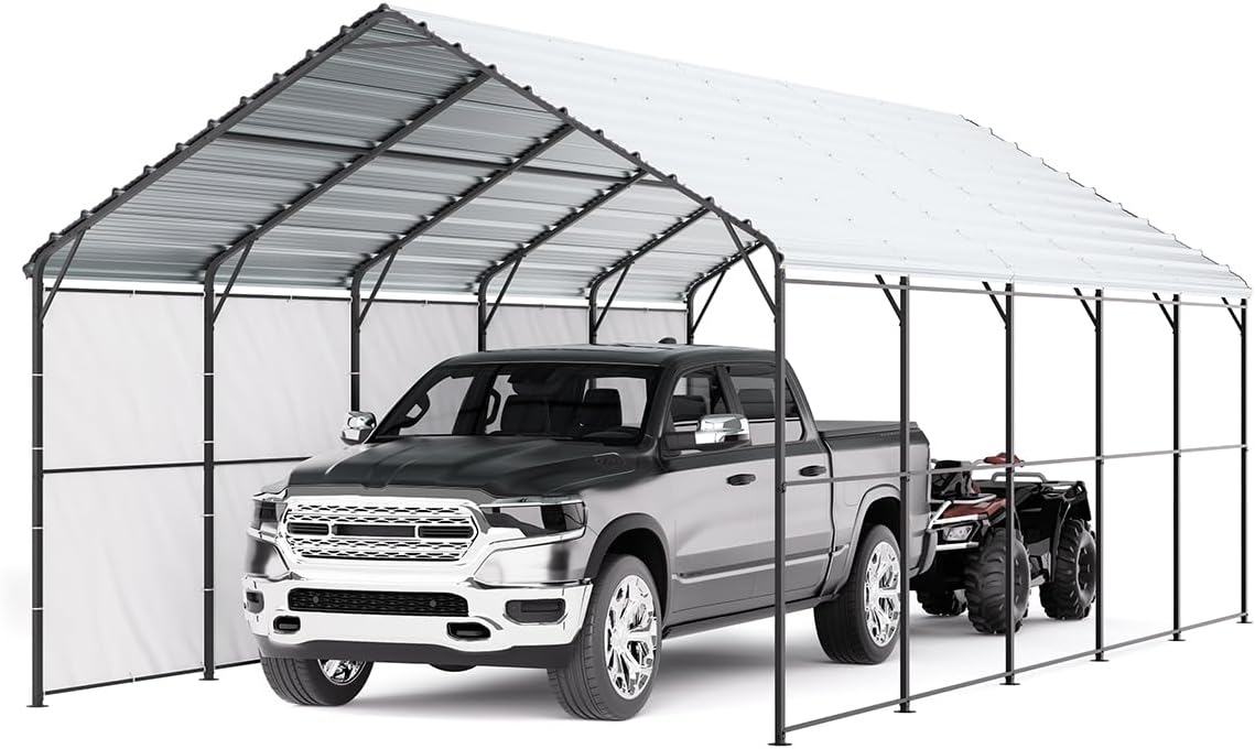 VEVOR Heavy Duty Metal Carport, 13' x 26' Outdoor Carport with Galvanized Steel Frame & Roof, Car Tent Garage Shade with Removable Sidewalls, Multi-Use Car Shelter for Pickup, Boat, Car & Tractors