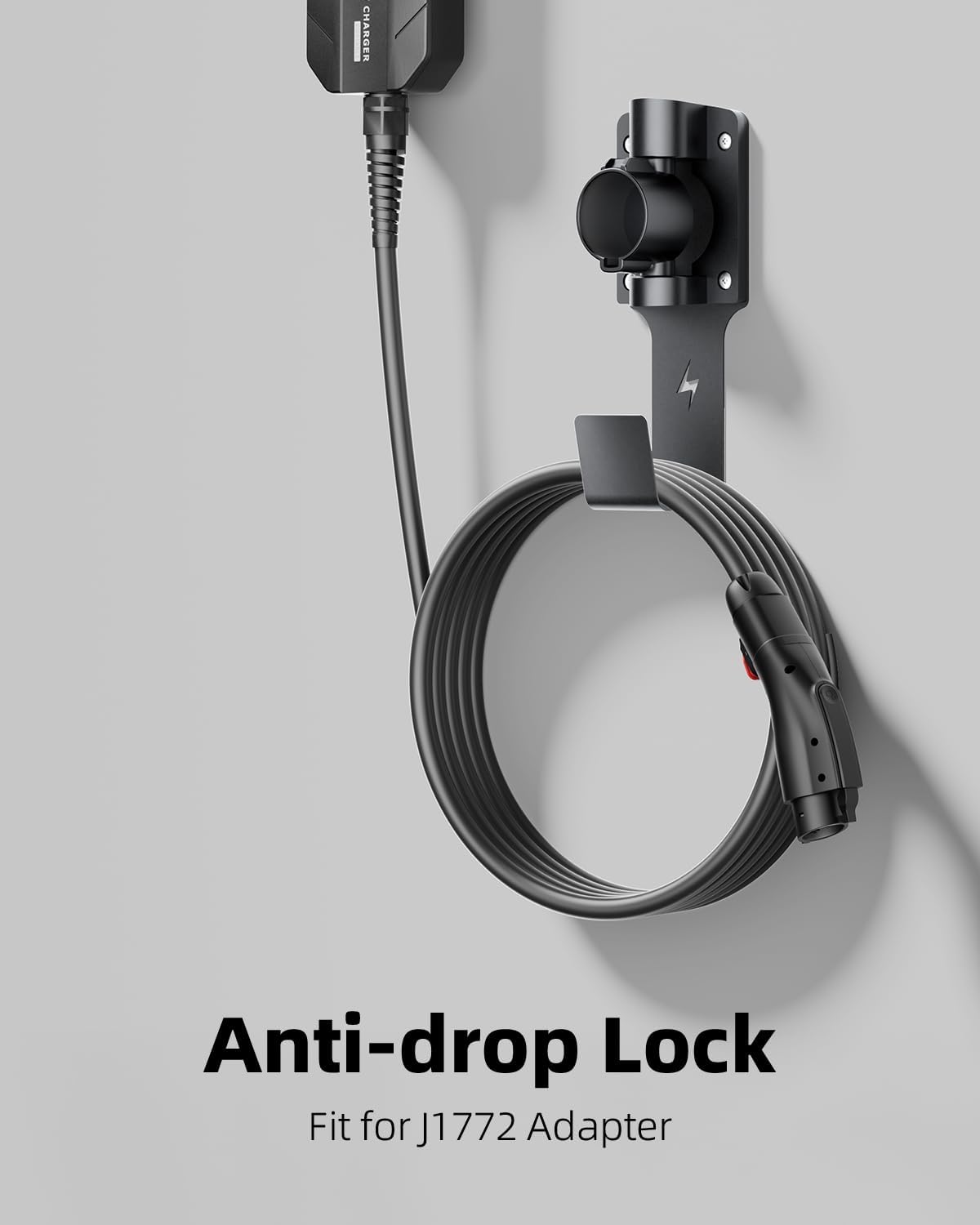 EV Charger Holder, with 180° Rotation Nozzle Dock, Metal J-Hook for SAE J1772 Charger Holder Organizer Wall-Mount Connector Electric Vehicle Charging Cable Car Accessories